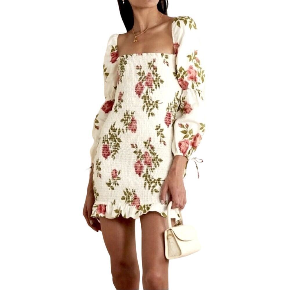 Reformation Hilary Smocked Linen Mini Dress S $248 NWT